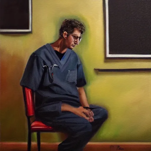 Prompt: a tired doctor in scrubs, sitting on chair, smoking weed, looking lonely and sad, oil painting, dark theme