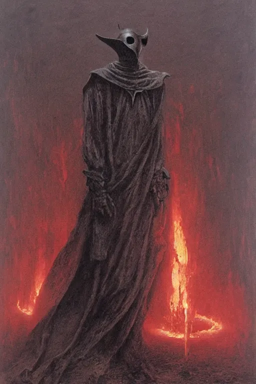 Image similar to plague doctor from iron gridle but human form, destroyed city and flames by zdzislaw beksinski