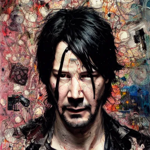 Image similar to keanu reeves as a cyberpunk noir detective, skulls, wires cybernetic implants, machine noir grimcore, in the style of adrian ghenie esao andrews jenny saville surrealism dark art by james jean takato yamamoto and by ashley wood and mike mignola