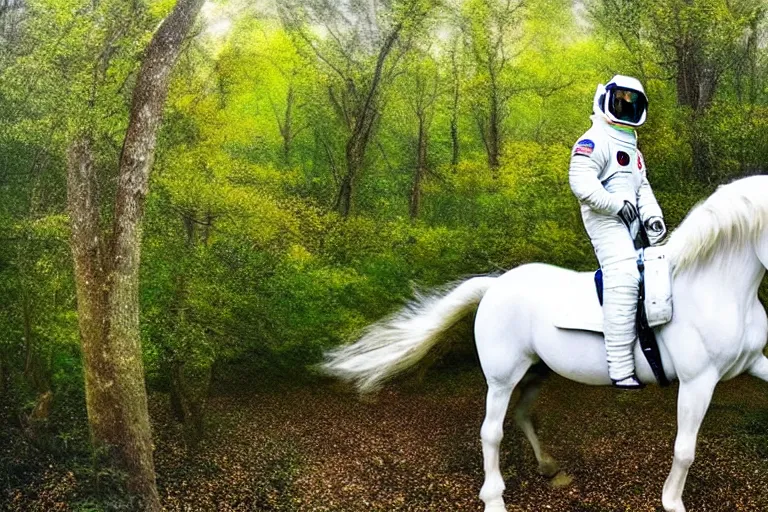 Image similar to an astronaut rode a white horse in a forest of osmanthus, surreal style, dreamy style