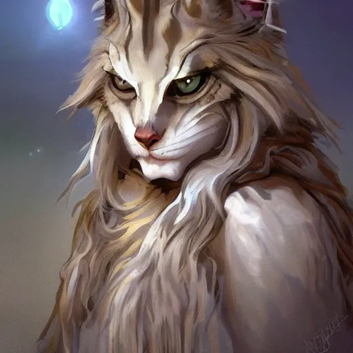 Image similar to stone maine coon, anthropomorphic large maine coon, dnd bipedal golem character, golem coon, aware. stone cat. dnd character concept, dnd digital painting, dnd artstation, dnd concept art, smooth, super sharp focus, illustration, art by artgerm and h r giger and alphonse mucha