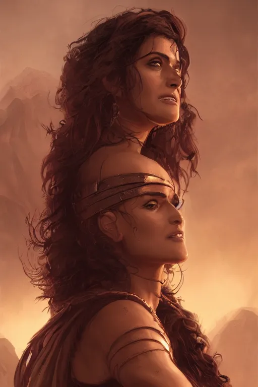 Image similar to portrait, Salma Hayek , barbarian , face portrait, raphael lacoste, eddie mendoza, alex ross, concept art, matte painting, highly detailed, rule of thirds, dynamic lighting, cinematic, detailed, denoised, centerd