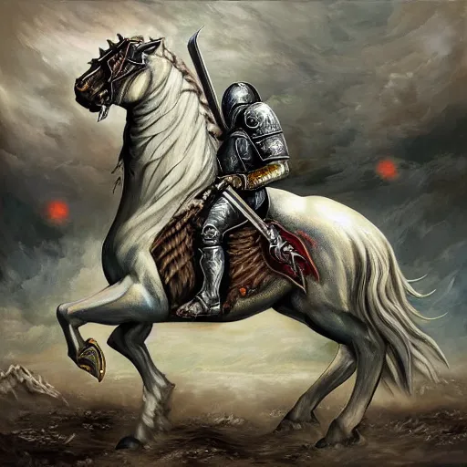 Prompt: classic painting heavy metal album cover undead horse with warrior in armor with giant sword resting on shoulder