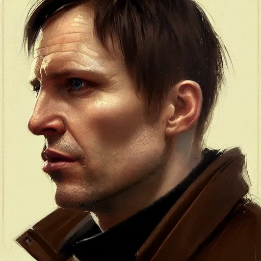 Image similar to Portrait of a man by Greg Rutkowski, he is about 40 years old, mixture between russian and irish, side parted combover brown hair, attractive, NARROW very very very very sharp face ANGULAR hawkish facial features, hooked nose , extremely pale white skin, smart looking, he is wearing a black trenchcoat, highly detailed portrait, scifi, digital painting, artstation, concept art, smooth, sharp foccus ilustration, Artstation HQ