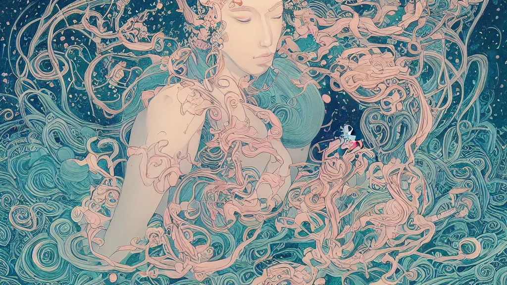 Prompt: godess in a serene landscape, in swirling harmony, james jean and victo ngai