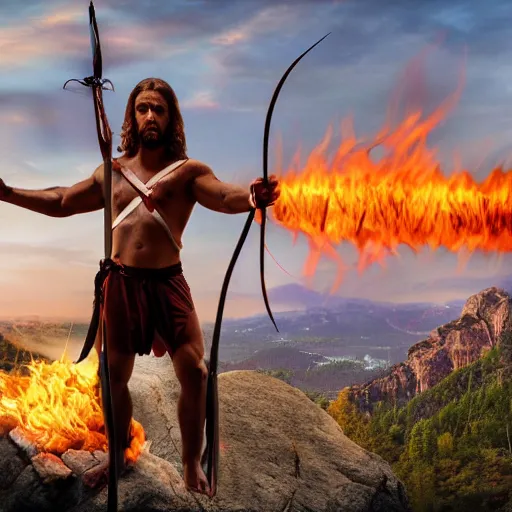 Image similar to Jesus Christ as Rambo holding a Bow and Flaming Arrow, full body, photography, 4K