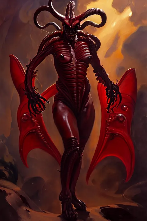 Image similar to painted close - up portrait of a very attractive red - skinned intimidating demon xenomorph queen with ram horns! oil painting, wearing a noblewoman's outfit, fantasy art by john singer sargent and gaston bussiere and james jean and greg rutkowski, demon noble character design, hd