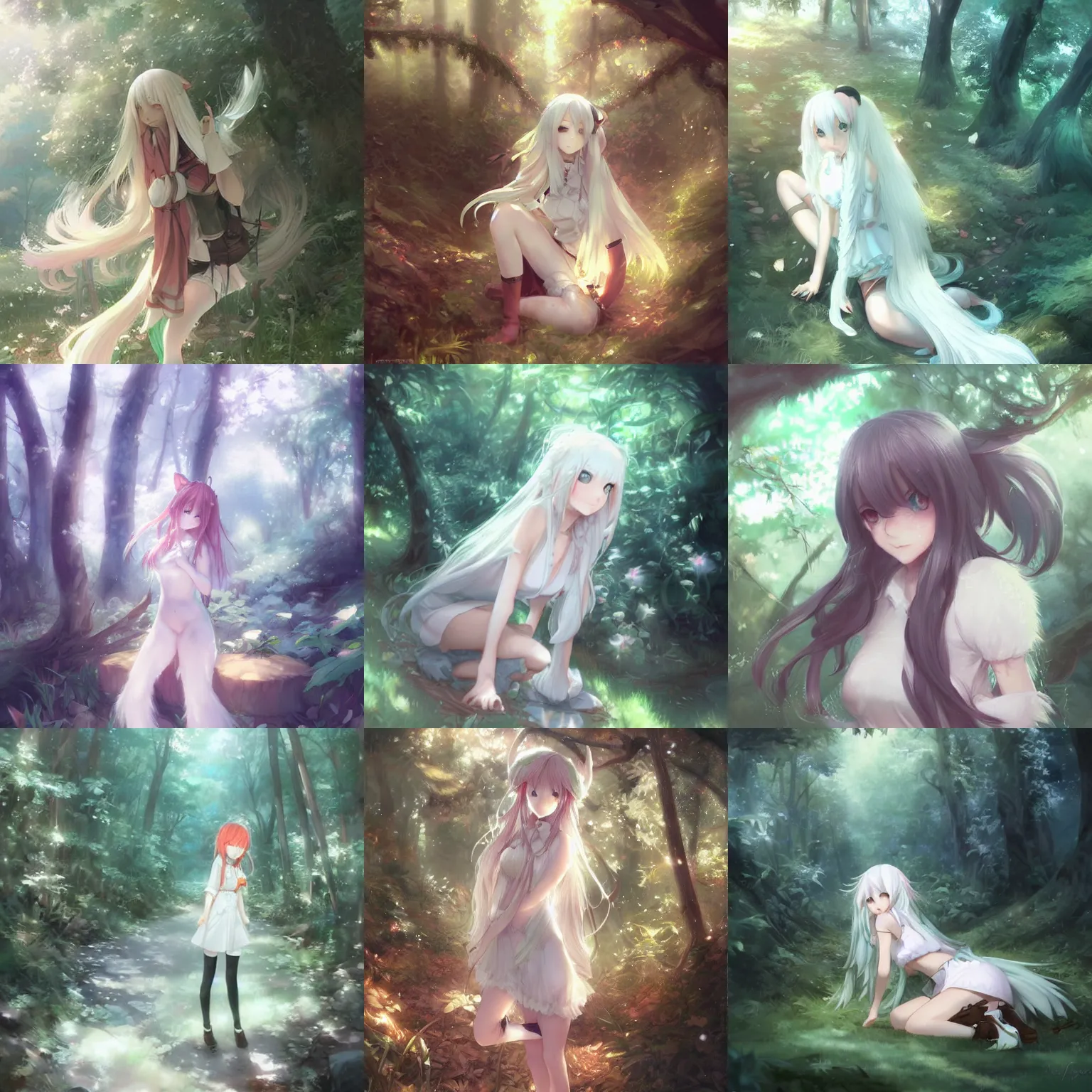 Prompt: a cute white long haired anime foxgirl in a forest, Krenz Cushart, Ross Tran