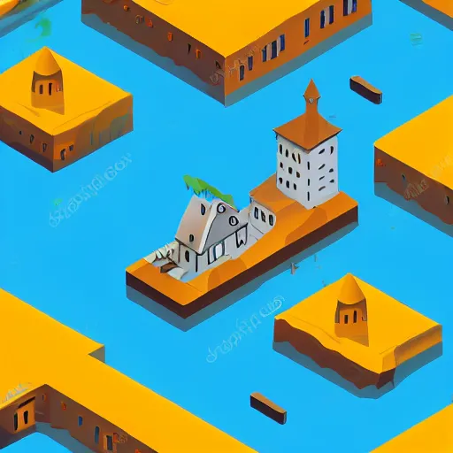 Prompt: small fantasy town, view from above, isometric, stylized, low poly, river, watermill