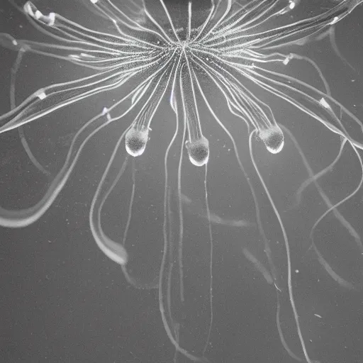 Prompt: bioluminiscent jellyfishes, award winning black and white photography