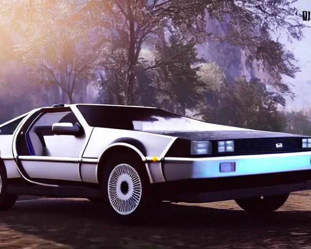 Image similar to new concept for a delorean, cinematic, photoreal, by red dead redemption 2