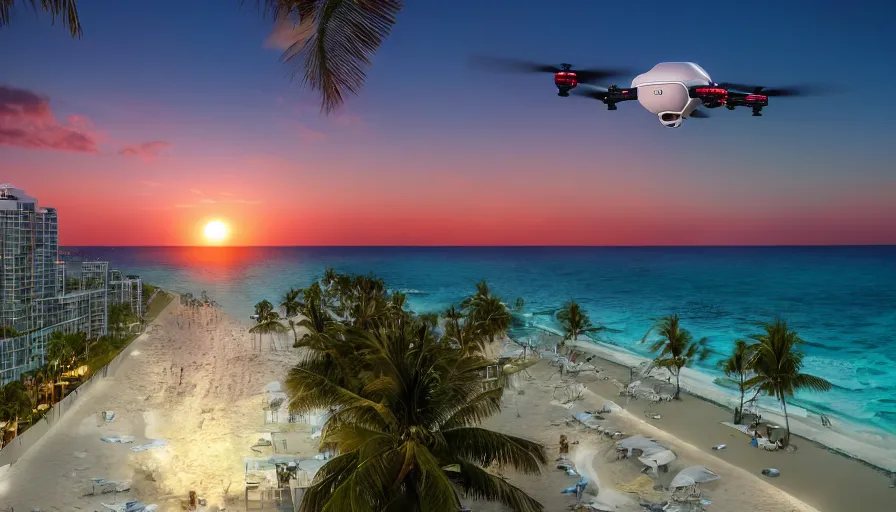 Prompt: miami hotels, unreal engine, digital art, drone photography, sunset, sharp focus, beach, vivid color, clear sky