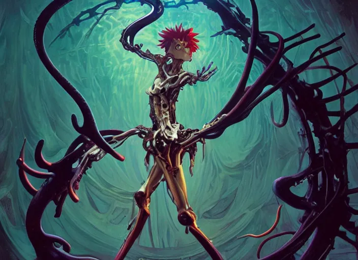 Image similar to eva evangelion in despair, tentacles, biomechanical, exposed bones, antlers, concept art, artstation, 4k, detailed, dramatic lighting, afternoon sun, purple liquid, alphonse mucha, syd mead, mohrbacher, tarot card, painting, artgerm, Hiroshi Yoshida, alex ross