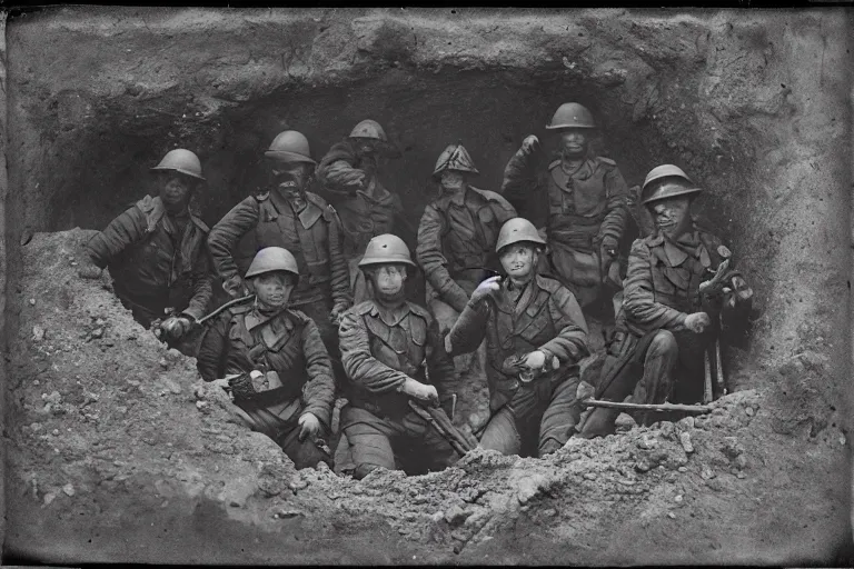 Image similar to soldiers fighting inside of a deep trench, low - angle shot, cinematic, tintype photograph