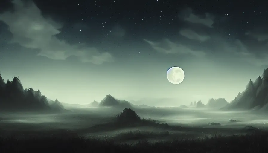 Image similar to a beautiful landscape at night, big moon on the right, stars in the sky, matte painting, dark blue tones, high contrast, intricate details, concept art, 4 k