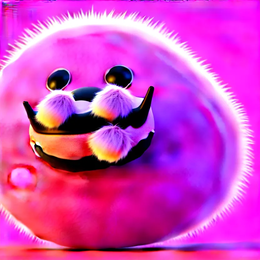 Image similar to high quality 3 d render hyperrealistic very cute big spherical creature, mustache, plush mascot, short spiky dense fluffy smooth hair, isometric 3 d, psychedelic lighting pink fluffy fur 1 cm long, 1 5 0 mm, smooth background, artstation, ultra detailed, elegant, ultra detailed, octane render