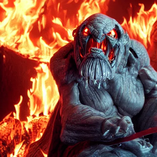 Prompt: balrog from lord of the rings sitting inside an office while it is burning