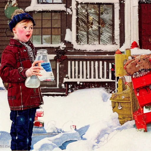 Prompt: Elle Fanning drinking a bottle of soda in the snow, by Norman Rockwell, Extremely detailed. 8K. Award winning.