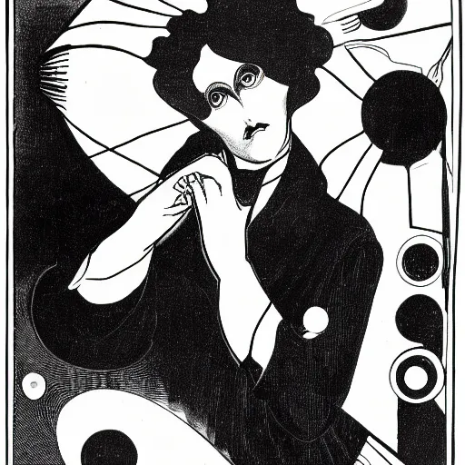 Image similar to the somnambulist from the cabinet of dr. caligari playing a large moog modular synthesizer, style of aubrey beardsley, portrait of handsome!! man playing modular synthesizer