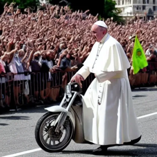 Prompt: pope francis doing a wheelie on a motorcycle with one hand and behind him muhammad