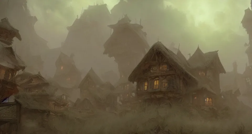 Image similar to one single big giant ogre troll. attacks wooden village houses. Destruction dust and fog. Atmospheric beautiful by Eddie mendoza and Craig Mullins. volumetric lights