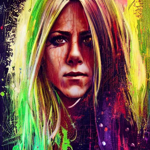 Image similar to a Demon Slayer portrait of Jennifer Aniston, tall, pale-skinned, slender with lime green eyes and long eyelashes by Stanley Artgerm, Tom Bagshaw, Arthur Adams, Carne Griffiths, trending on Deviant Art, street art, face enhance, chillwave, maximalist, full of color, glittering