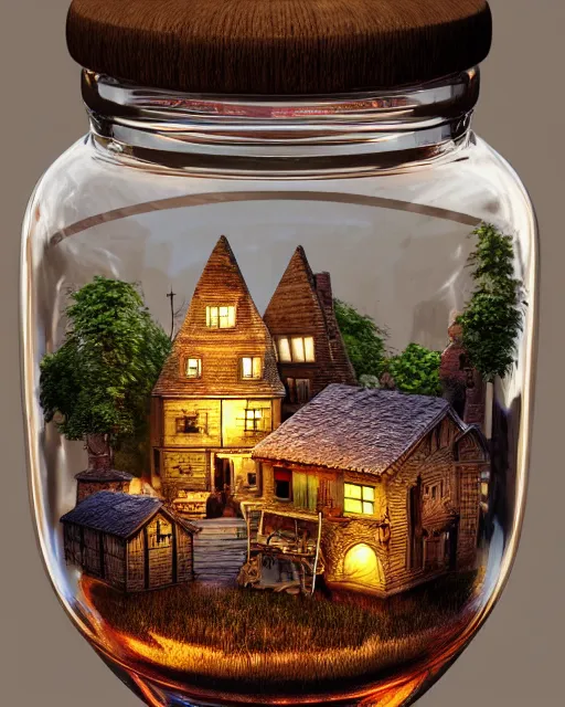 Prompt: intricate illustration, of a small village, inside a glass jar. intricately detailed. beautiful. colourful. 3 d vray render, artstation, deviantart, pinterest, 5 0 0 px models