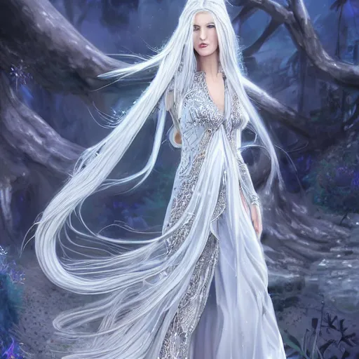 Prompt: an elven woman with long, silver hair cascading down her back. she has delicate, angular features and piercing blue eyes. she's clad in a flowing white dress with intricate silver embroidery, dynamic lighting, photorealistic fantasy concept art, trending on art station, stunning visuals, creative cinematic, ultra detailed