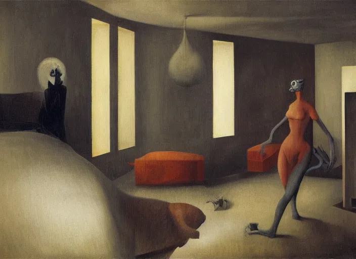 Image similar to group of creatures with distinct personalities, in an urban hotel room, several mirrors : : surreal architecture, chiaroscuro lighting, mysterious atmosphere : : oil painting by leonora carrington, hieronymus bosch and edward hopper, ultra - detailed technical precision : : matte painting, high definition, octane render, unreal engine, 8 k