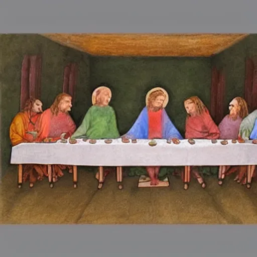 Image similar to last supper, drawn by a 5 year old detailed, sketh