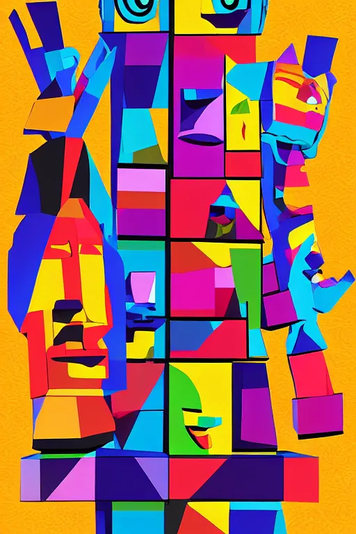 Image similar to cubist moai statue cutout digital illustration cartoon colorful beeple