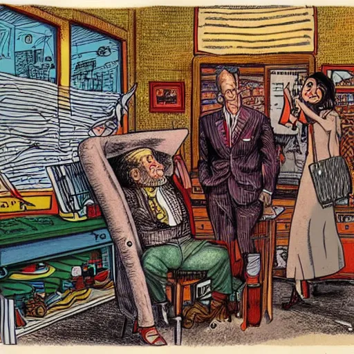 Prompt: The Artwork of R. Crumb and his Cheap Suit Doctor, pencil and colored marker artwork, trailer-trash lifestyle