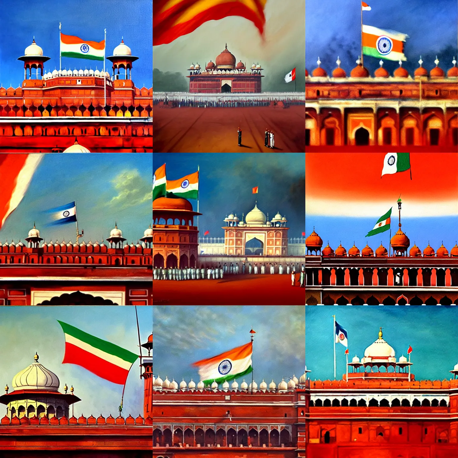 Prompt: dramatic masterpiece oil painting of indian freedom fighters hoisting the indian flag on top of red fort, 1 9 4 7. oil on canvas, by vito acconci, by greg rutkowski, trending on artstation, featured on pixiv, cinematic composition, brilliant lighting, highly detailed, hd, 8 k