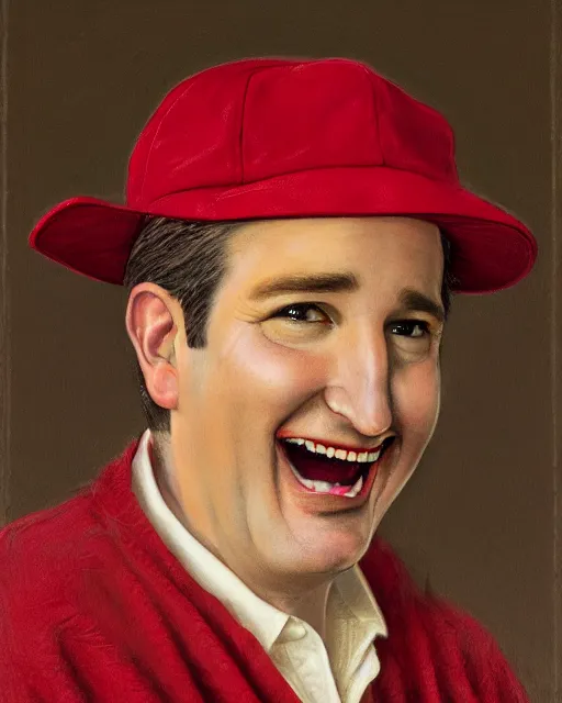 Image similar to closeup portrait of whimsical conniving ted cruz wearing a red baseball cap speaking at a convention, court jester in renaissance era, masterpiece, by donato giancola and greg rutkowski and wayne barlow and zdzisław beksinski, high contrast, realistic face