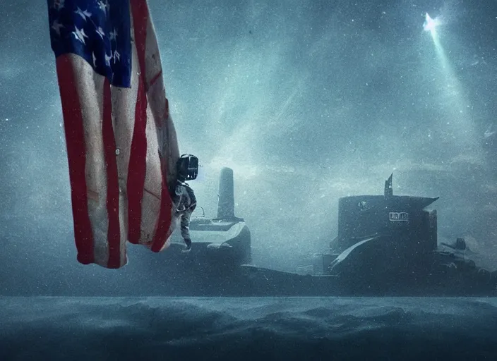 Image similar to astronaut holding a flag in an underwater desert. a submarine is visible in the distance. dark, concept art, cinematic, dramatic, atmospheric, 8 k, trending on artstation, blue, fish, low visibility, fog, ocean floor, christopher nolan, interstellar