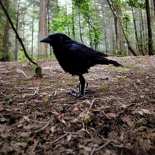 Prompt: mixture between a!! person and crow, photograph captured in a forest