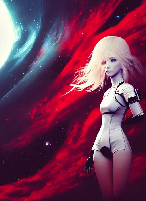 Prompt: highly detailed portrait of a hopeful pretty astronaut lady with a wavy blonde hair, by Barclay Shaw, 4k resolution, nier:automata inspired, bravely default inspired, vibrant but dreary but upflifting red, black and white color scheme!!! ((Space nebula background))