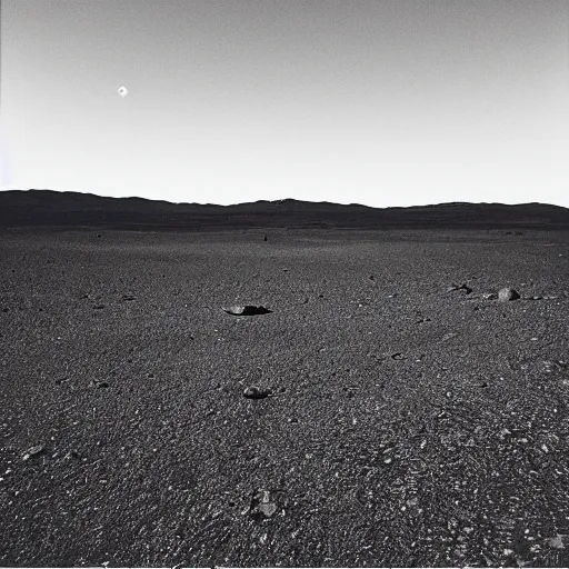 Prompt: “ lunar landscape, earth in distance photograph in high quality black and white lens 2 8 mm looking to horizon ”