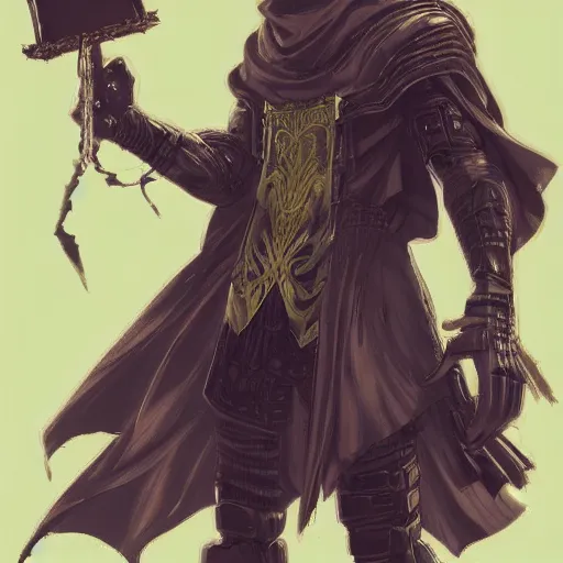 Prompt: a cyberpunk giant, menacing, holding a spell book, wearing a cloak, full body view, front shot, anime art, highly detailed