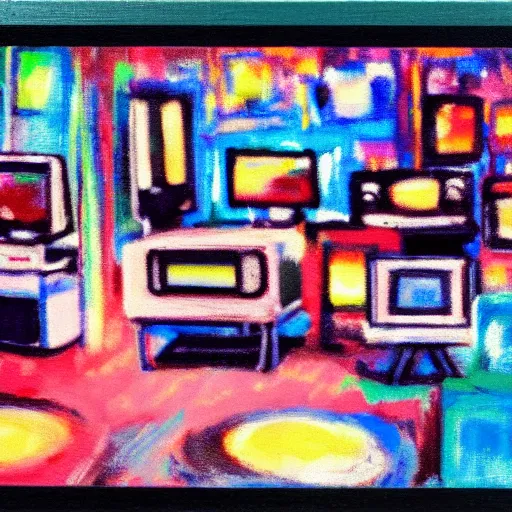 Prompt: fuzzy, array of crt televisions, tv static, antenna, stacked, polaroid, steroids, adult video store, impressionist painting, painting, acrylic painting, cell shaded