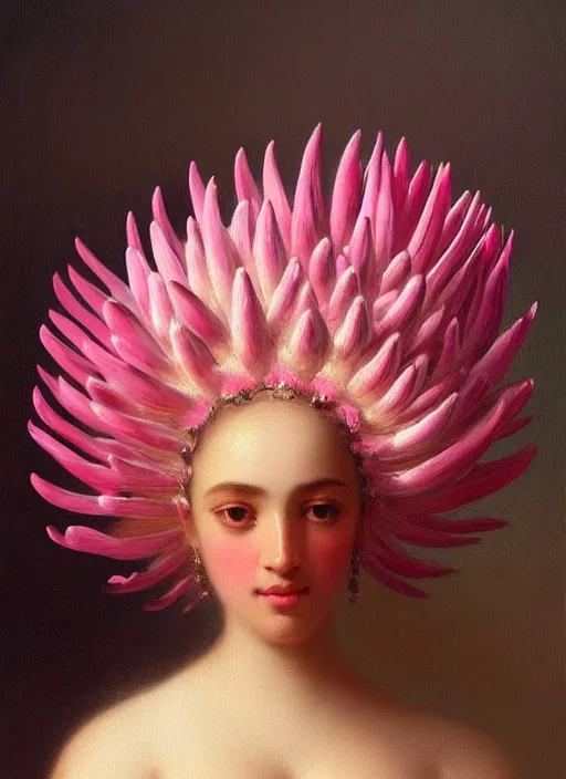 Image similar to stunning mexican godess, detailed pink and white protea head peace against a black backdrop by ivan aivazovsky, wlop, oil painting, beautiful soft lighting, muted colours, artstation