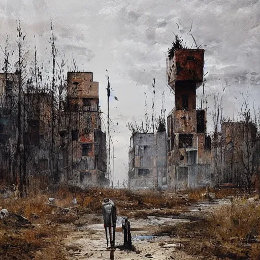 Image similar to painting of a abandoned post soviet town infested with humanoid root monsters by jakub rozalski