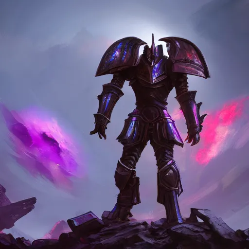 Image similar to a single armored knight standing in the ruins of crux prime, purple fiery maelstrom in the distance, digital art, artstationhq