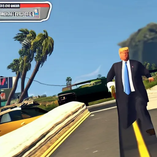 Prompt: gameplay footage of Donald trump in GTA V