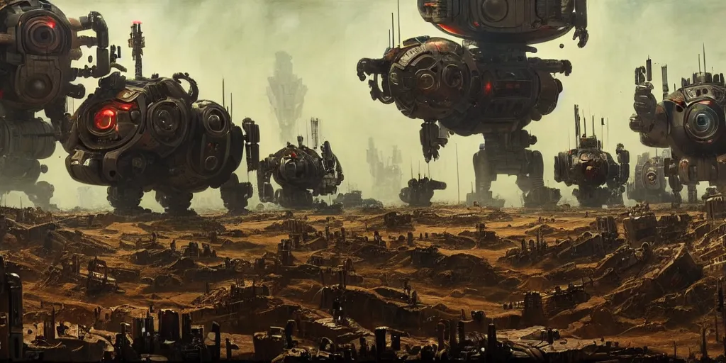 Image similar to scene from future robot war, highly detailed, painting by otto dix and greg rutkowski 8 k