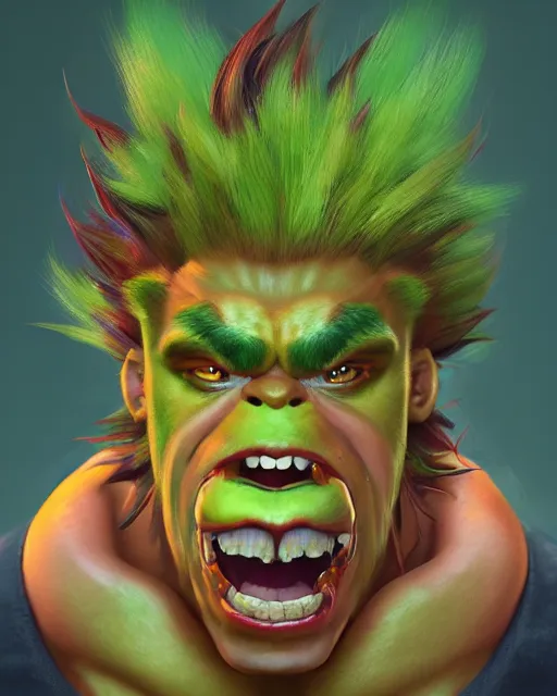 Image similar to portrait of blanka from street fighter, au naturel, hyper detailed, digital art, trending in artstation, cinematic lighting, studio quality, smooth render, unreal engine 5 rendered, octane rendered, art style by klimt and nixeu and ian sprigger and wlop and krenz cushart.