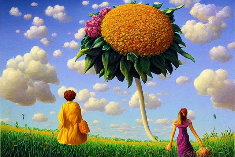 Prompt: giant flower head, woman walking, surreal, clouds in sky, impressionist painting, digital painting, artstation, rob gonsalves