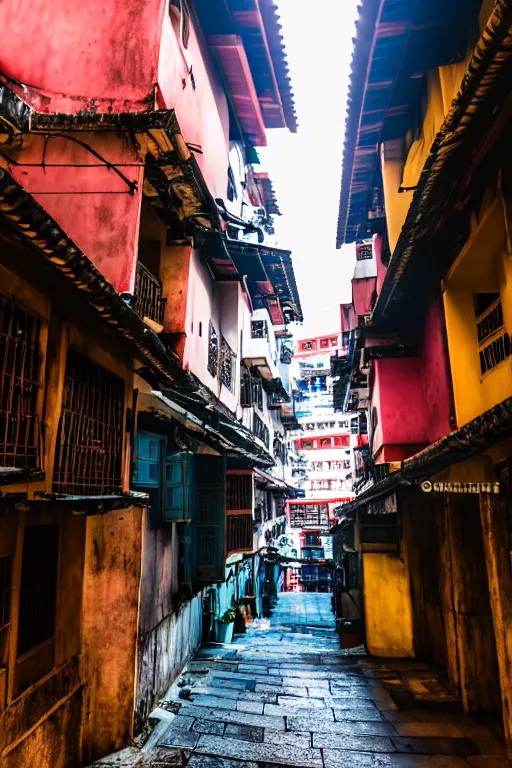 Image similar to an interior view of an old walled city in Hong Kong, colorful, dated and old, dark moody lighting, very detailed, photoreal, 8k, canon 20mm lens