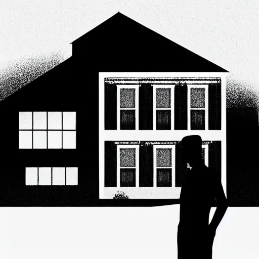 Image similar to silhouetted man standing outside suburban house, moody, shadows, night, creepy lighting, ultra - realistic, artstation award, show figure, silhouette, lighted windows, illustration, concept art, neighborhood house