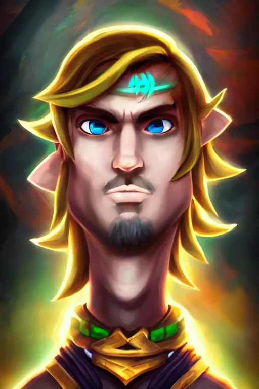 Image similar to an in game portrait of link from hades, hades art style.